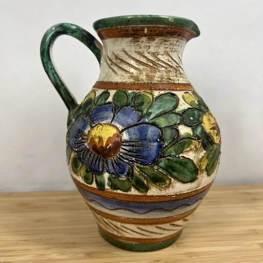 Vintage Italian Majolica Pottery Pitcher Floral Relief Vase Made In Italy VR/366